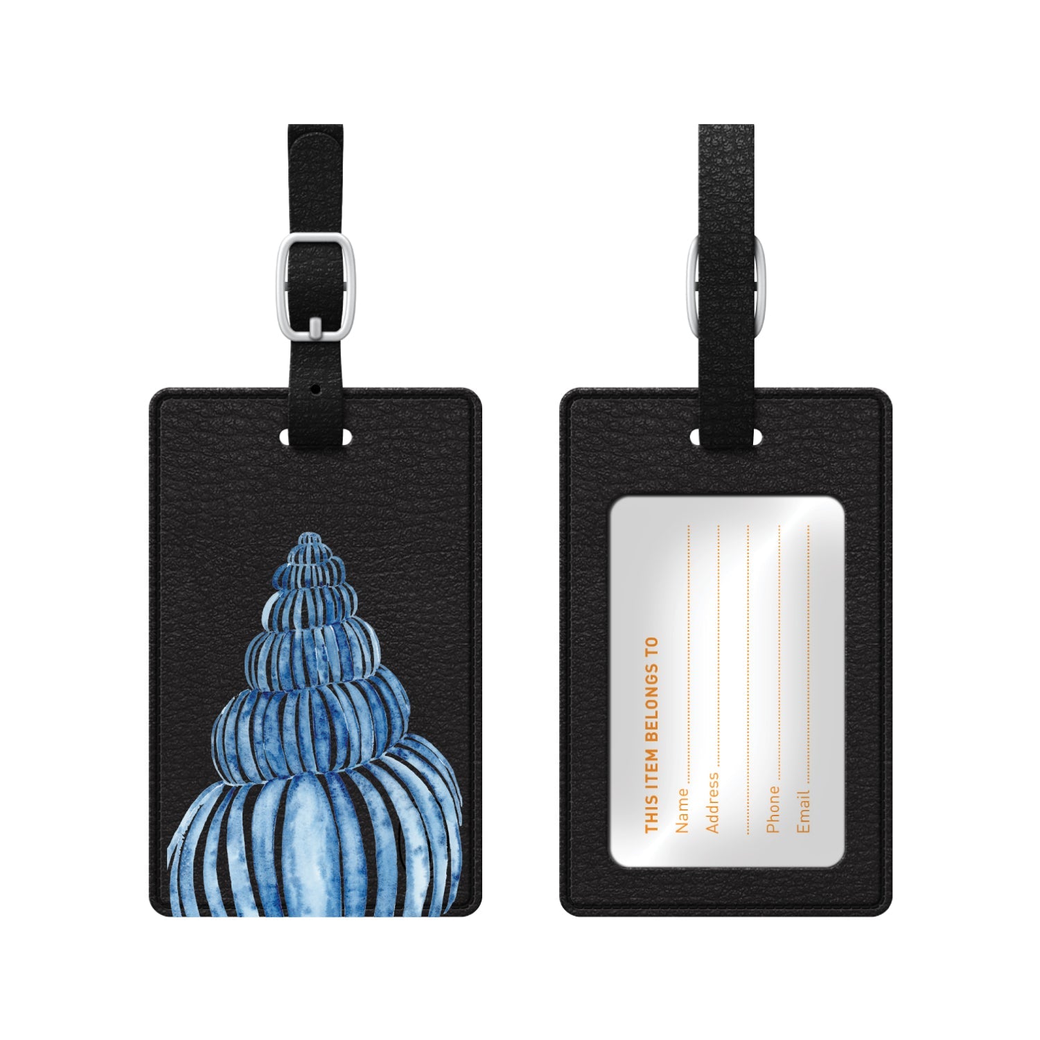OTM Essentials Black Leather Luggage Tag, Blue Sea Shell